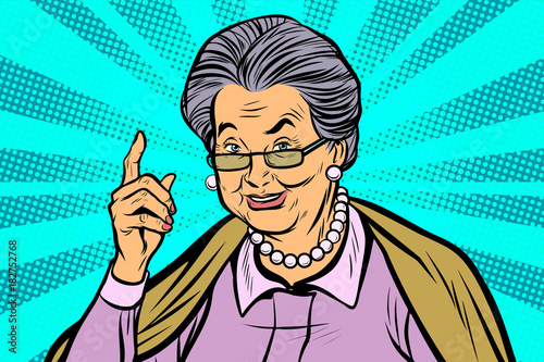 elderly woman pointing finger up