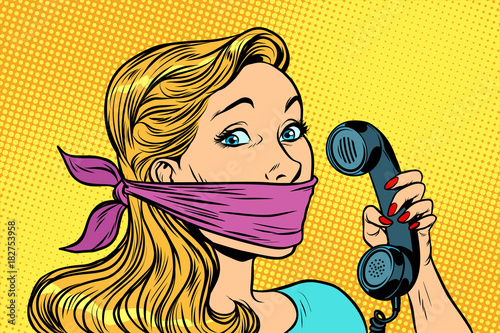 woman with bandage on mouth and phone