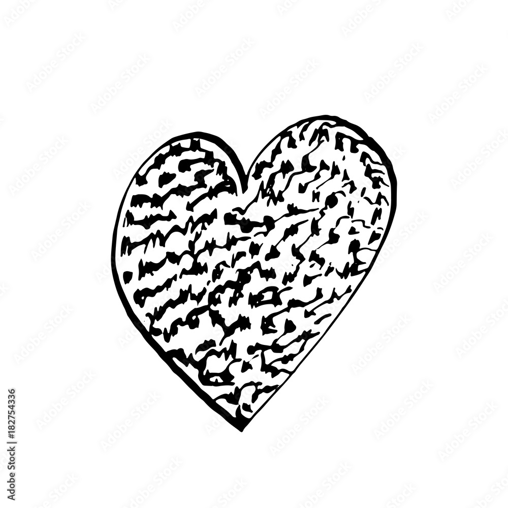 Hand drawn textured heart symbol on isolated background. Love, valentine's day, wedding, engagement, romatic sign, element, doodle, sketch in rough freehand style.