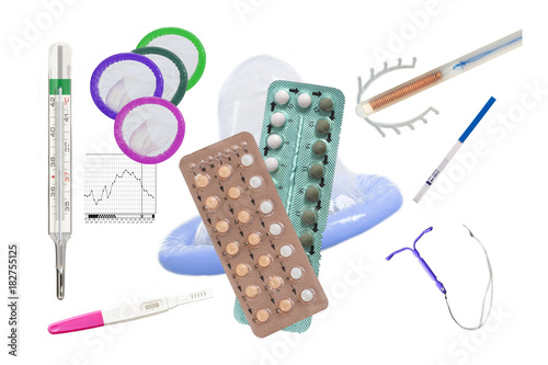 Birth Control symbol- IUD and contraceptive Pills and Condomon white