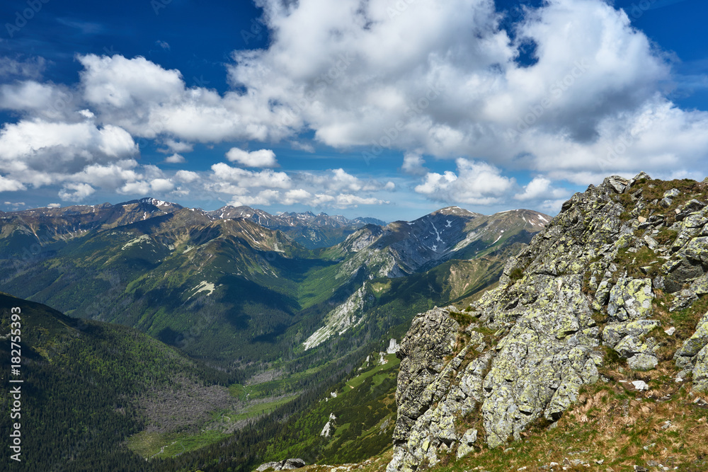 Rocky peaks and clouded sky in the Tatra Mountains in Poland.