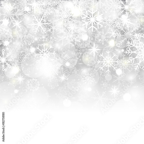 Christmas background with snowflakes, stars, snow and place for text. Vector Illustration