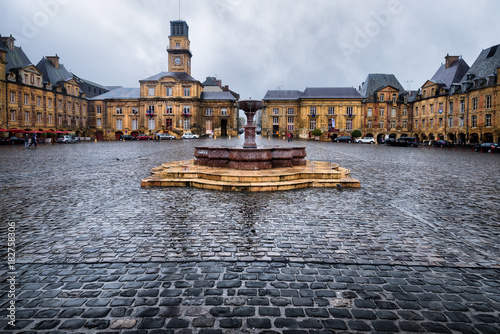 Central fountain and panoramic view on place Ducale in Charleville-Mezieres, France photo