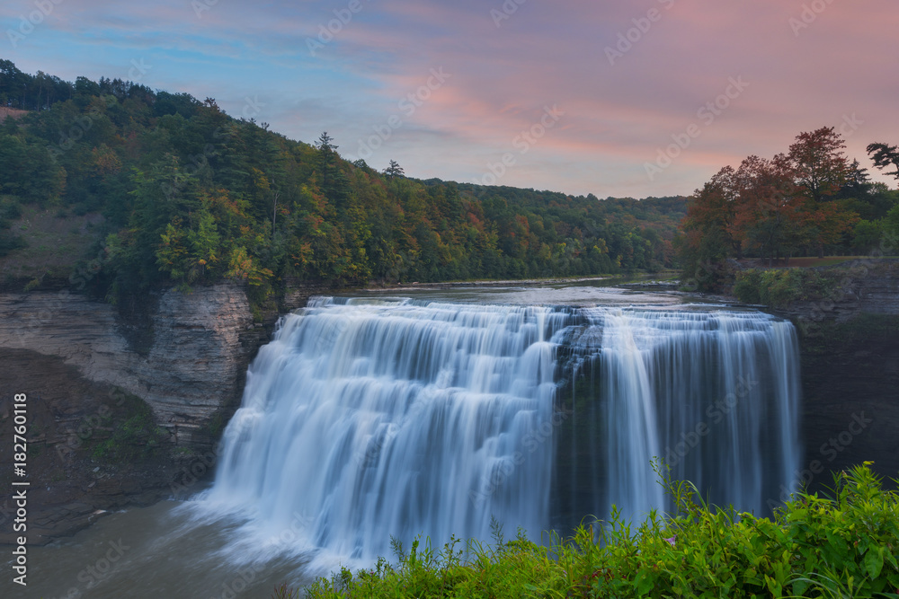 Middle Falls autumn sunset at Letchworth State Park, NY