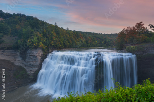 Middle Falls autumn sunset at Letchworth State Park  NY