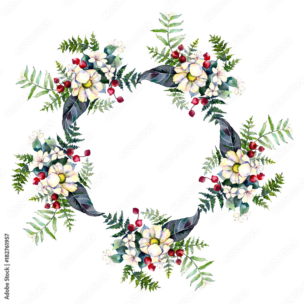 Naklejka premium Bouquet flower wreath in a watercolor style. Full name of the plant: bouquet. Aquarelle wild flower for background, texture, wrapper pattern, frame or border.