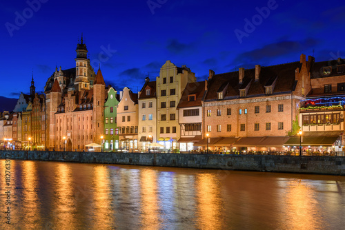 Old town and Motlawa river at night in Gdansk. Poland, Europe.