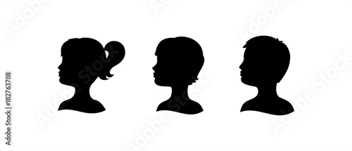 Childrens heads in profile. Set of Silhouettes isolated on White background. Vector