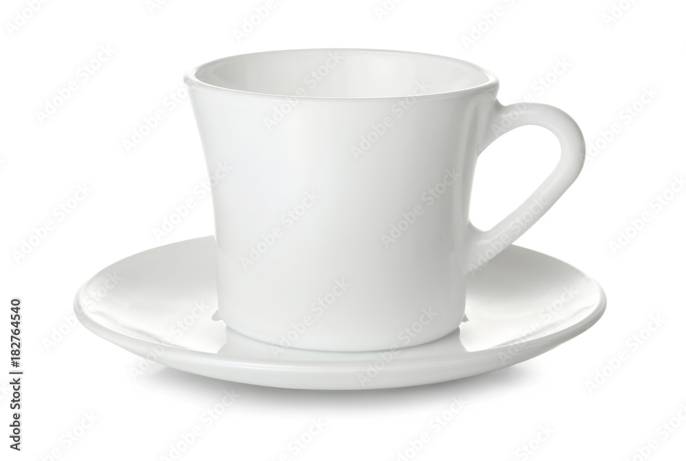 Empty white ceramic cup and saucer, isolated on white background. Empty white ceramic cup and saucer, isolated on white background.