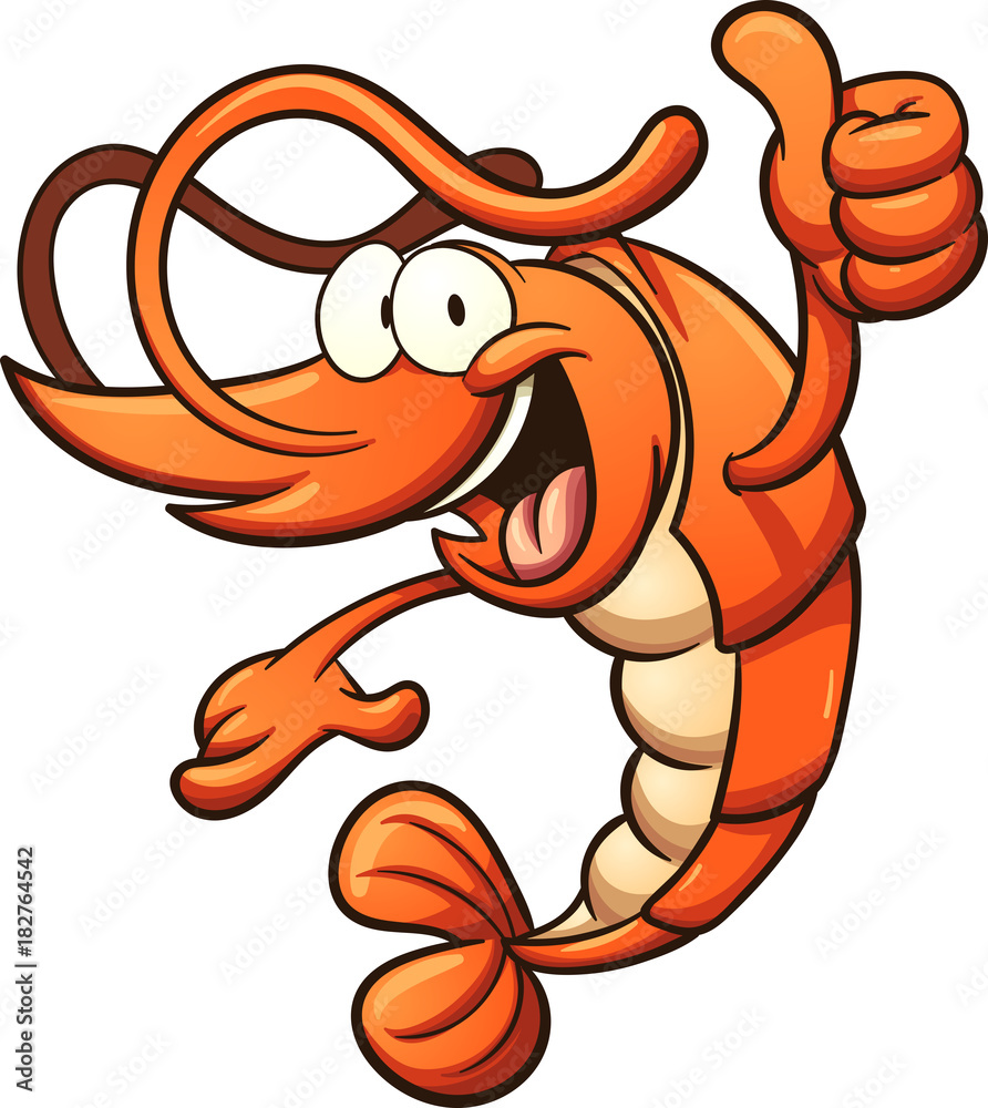 Fototapeta premium Cartoon shrimp with thumbs up hand sign. Vector clip art illustration with simple gradients. All in a single layer.
