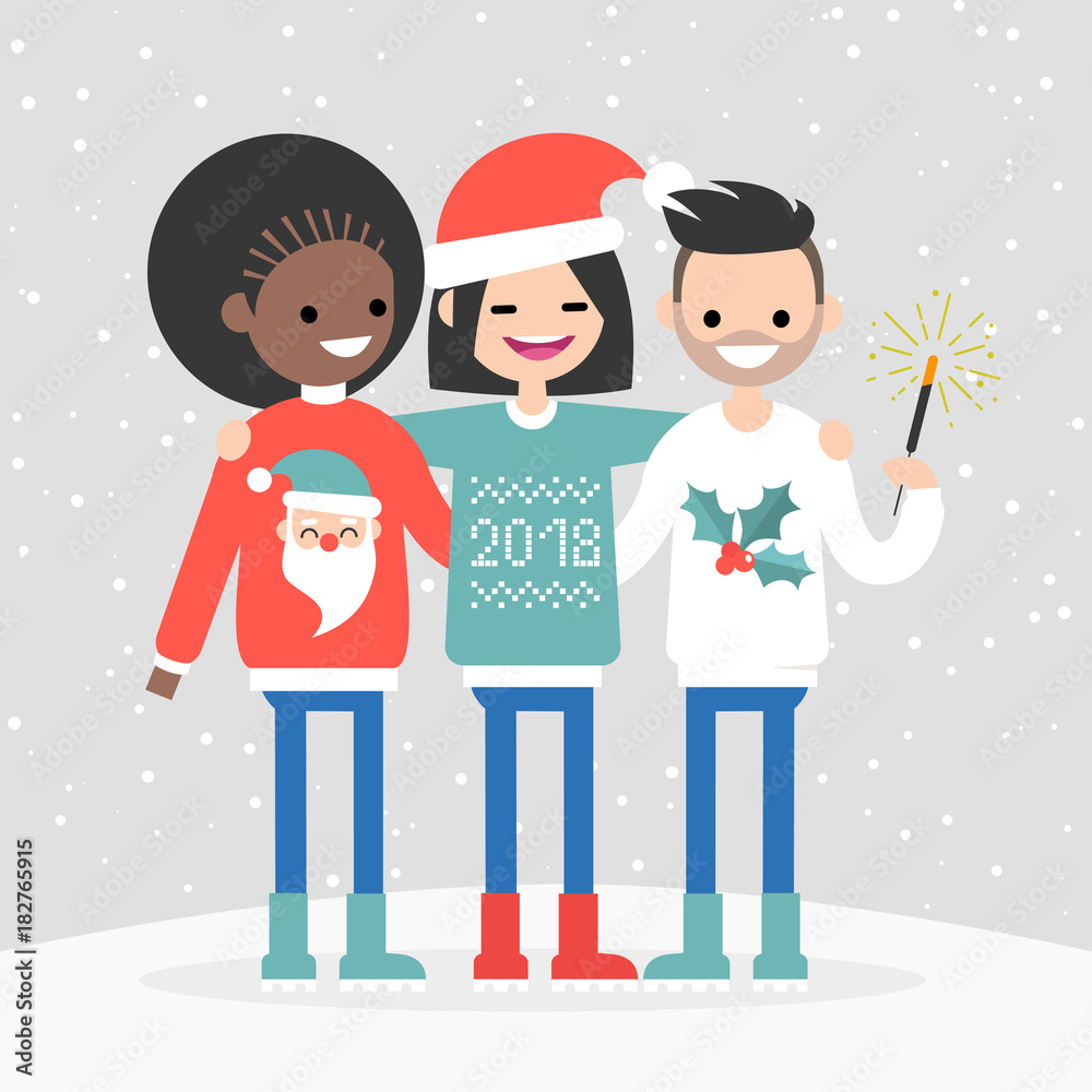 Fototapeta premium A group of multiracial friends celebrating the winter holidays. New year and Christmas. Seasonal celebration. Clip art, flat vector.
