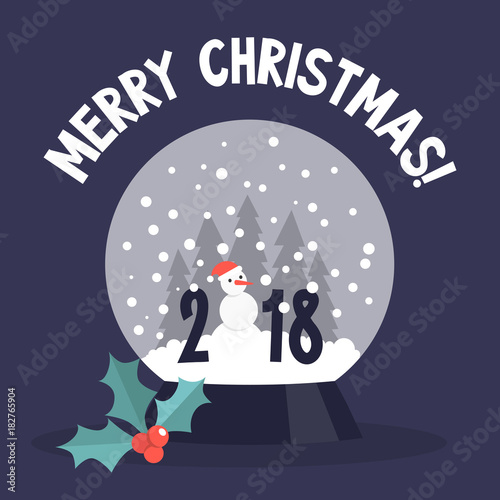 Crystal ball. Traditional christmas decoration. Snowman. Snowflakes. 2018. New year. Flat editable vector illustration, clip art.