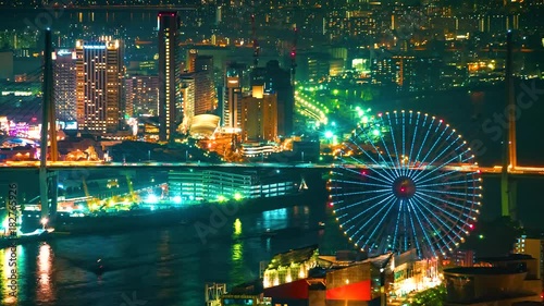 Time-lapse of Osaka Bay with ferris wheel at night