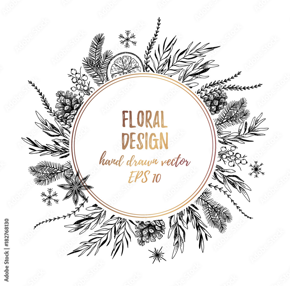 Vector illustrations - Winter gold label with fir branches and other floral elements. Hand drawn Christmas frame. Perfect for invitations, greeting cards, tattoo, prints, postcards etc