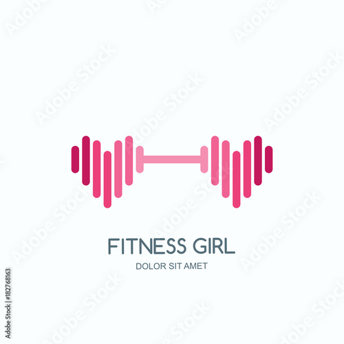 Female fitness gym concept. Vector logo, label, icon or emblem with pink dumbbell heart shape. Design for woman sports club, workout and bodybuilding.