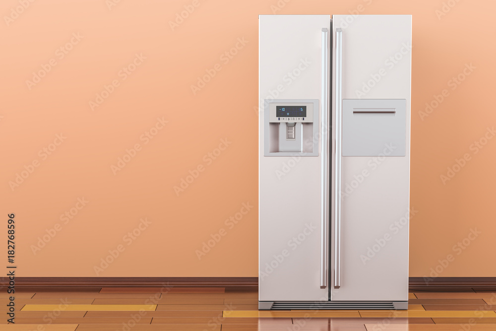 Modern fridge with side-by-side door system in the room, 3D rendering Modern fridge with side-by-side door system in the room, 3D rendering