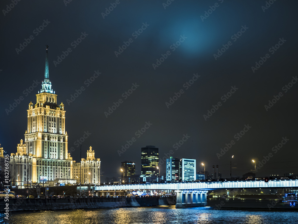 night moscow signature architecture, lights, highway, traffic, streets