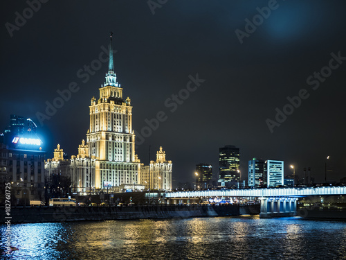 night moscow signature architecture, river, lights, highway, traffic, streets, dark sky
