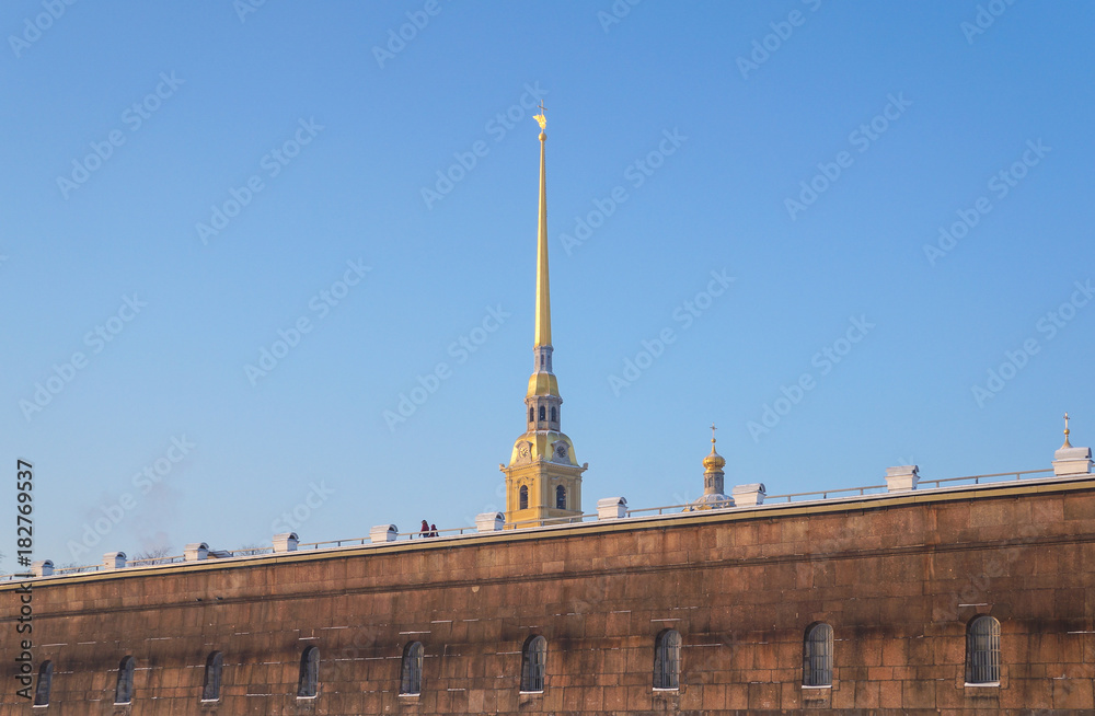 A view of St.Peter and Paul cathedral from the Neva river in Saint-Petersburg in the winter.