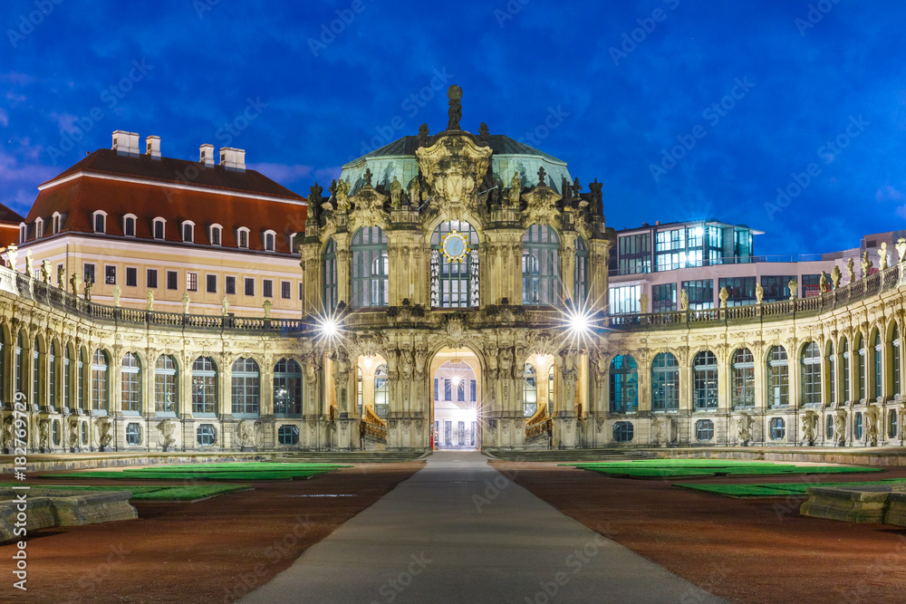 Palace in Rococo style and Zwinger at night in Dresden, Saxony, eastern Germany