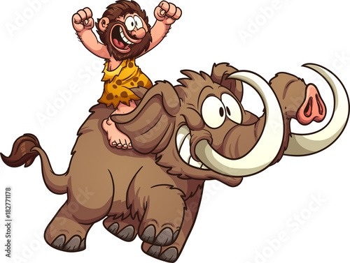 Caveman riding a mammoth. Vector clip art illustration with simple gradients. All in a single layer.