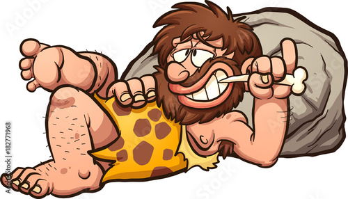 Cartoon caveman resting after a meal. Vector clip art illustration with simple gradients. Caveman and rock on separate layers. photo