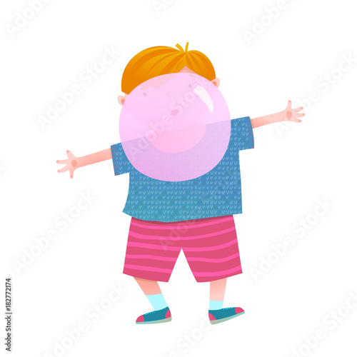 Funny little boy blowing a bubble from chewing gum colorful cartoon. Vector illustration. 