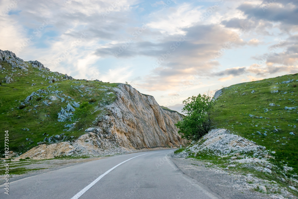 A winding asphalt road is located near Zabljak in the north of Montenegro.
