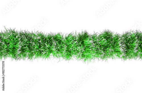 Seamless Christmas green silver tinsel. Isolated on a white background.