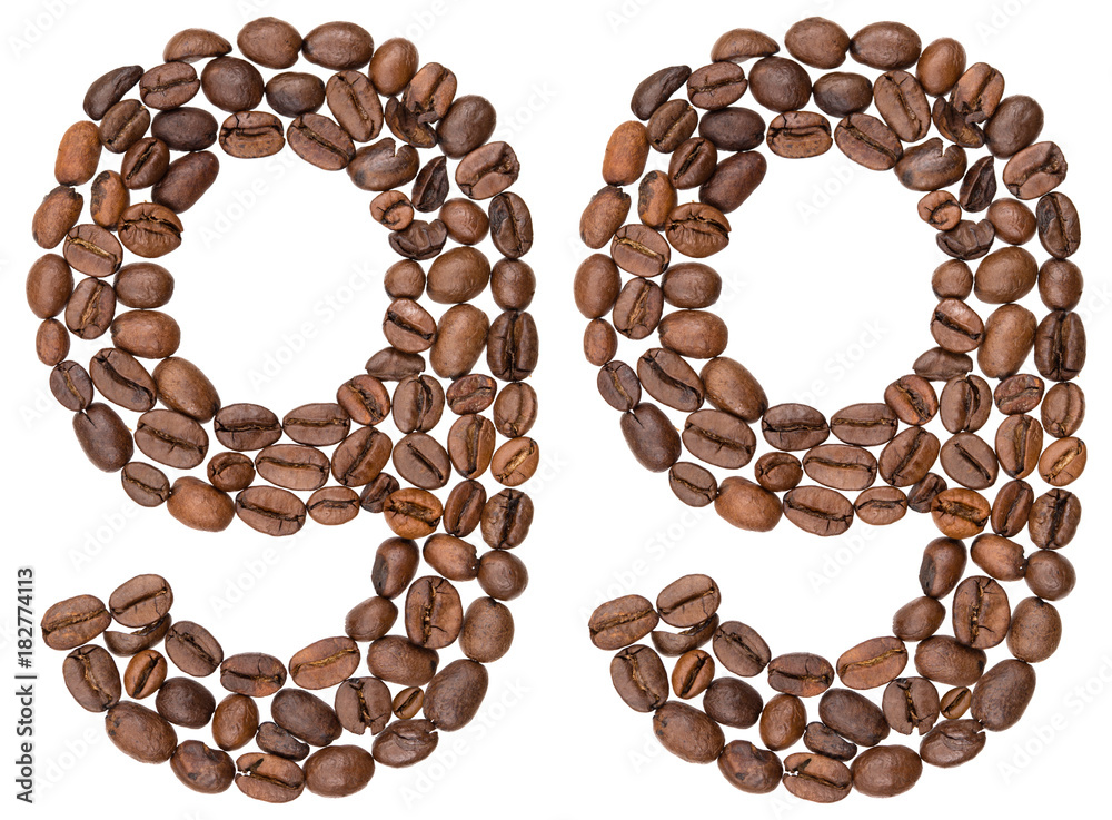 Arabic numeral 99, ninety nine, from coffee beans, isolated on white background