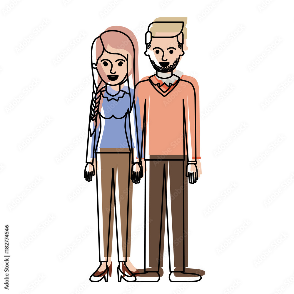 couple in watercolor silhouette and her with blouse long sleeve and pants and heel shoes with braid and fringe hairstyle and him stubble beard and sweater and pants and shoes with side parted couple in watercolor silhouette and her with blouse long sleeve and pants and heel shoes with braid and fringe hairstyle and him stubble beard and sweater and pants and shoes with side parted