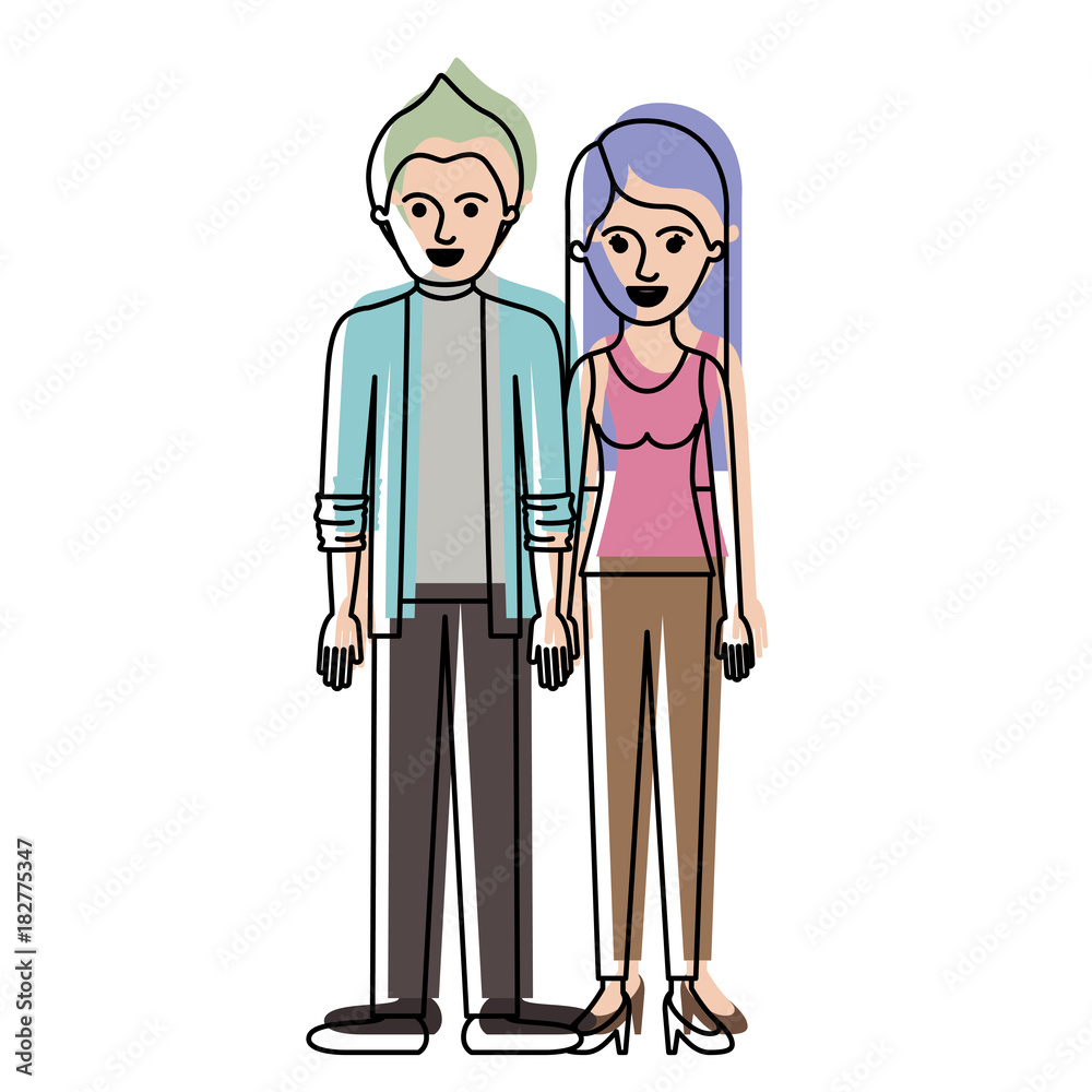 couple in watercolor silhouette and him with shirt and jacket and pants and shoes with short hair and her with t-shirt sleeveless and pants and heel shoes with long straight hair vector illustration