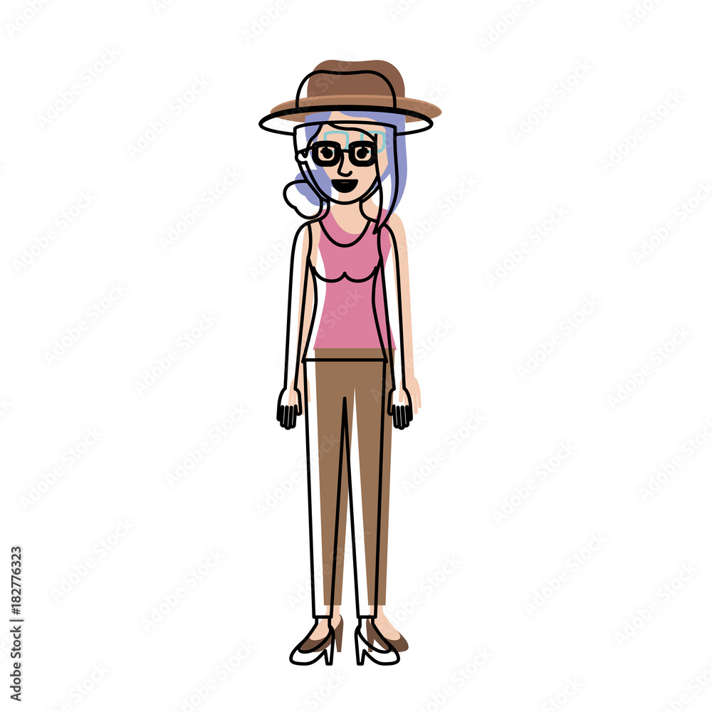 woman with hat and glasses and t-shirt sleeveless and pants and heel shoes with collected hair and fringe in watercolor silhouette vector illustration woman with hat and glasses and t-shirt sleeveless and pants and heel shoes with collected hair and fringe in watercolor silhouette vector illustration