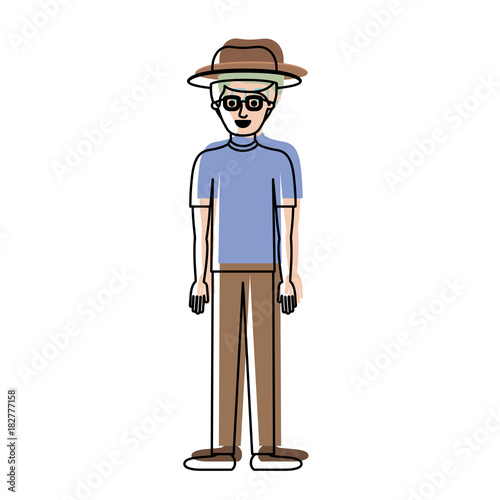 man with hat and glasses and t-shirt and pants and shoes with short hair in watercolor silhouette vector illustration