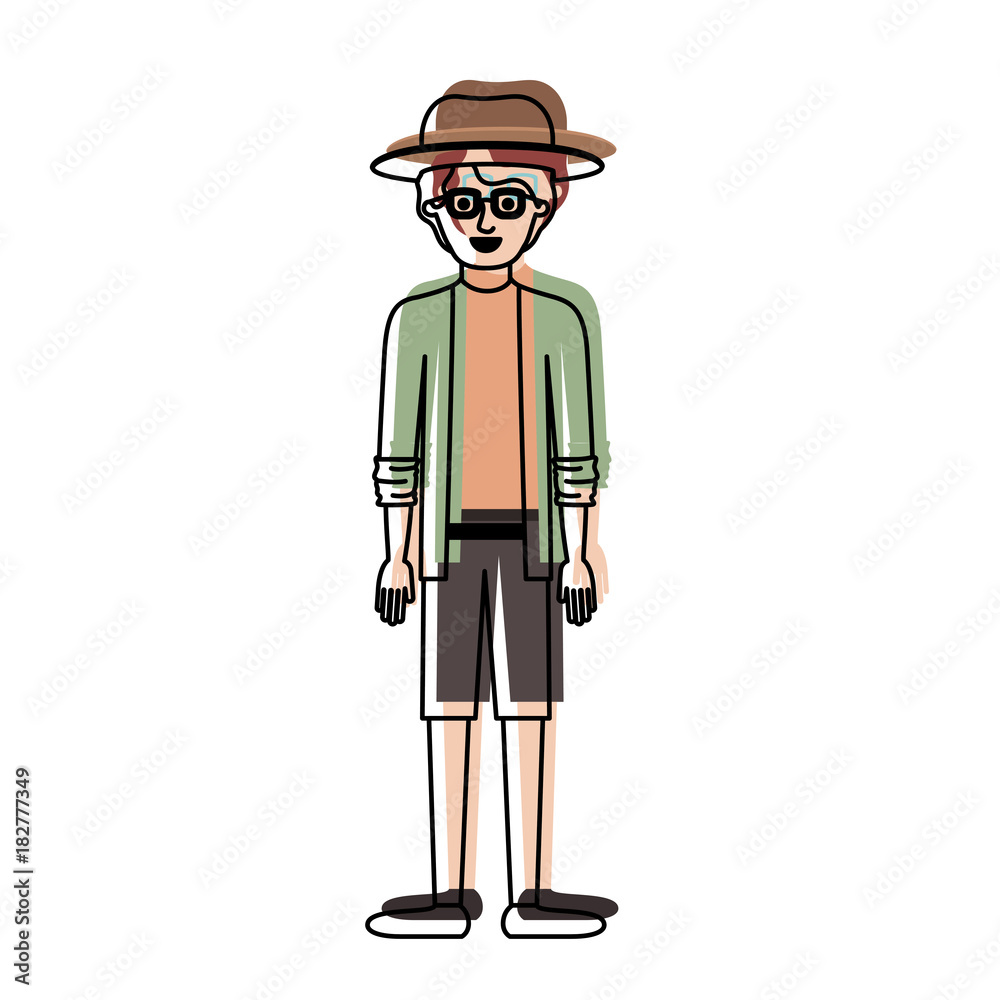 man with hat and glasses and shirt with jacket and short pants and shoes with short wavy hair in watercolor silhouette vector illustration man with hat and glasses and shirt with jacket and short pants and shoes with short wavy hair in watercolor silhouette vector illustration