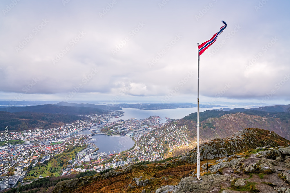 Norwegian flag on top of Mount Ulriken