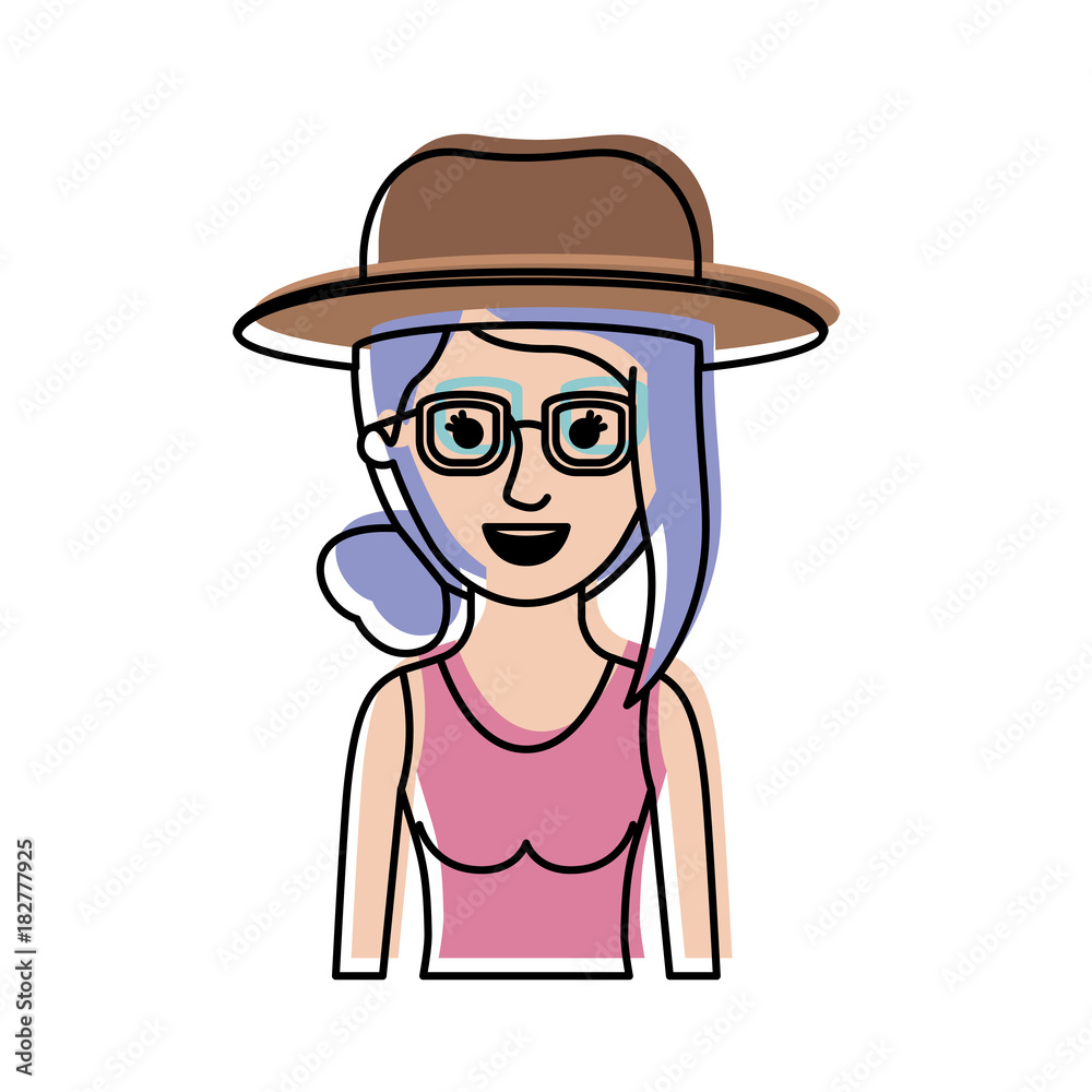 woman half body with hat and glasses and t-shirt sleeveless with collected hair and fringe in watercolor silhouette vector illustration