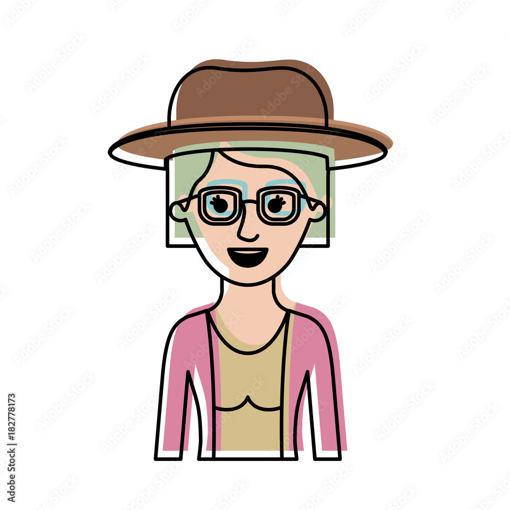 woman half body with hat and glasses and blouse with jacket and short hair in watercolor silhouette vector illustration