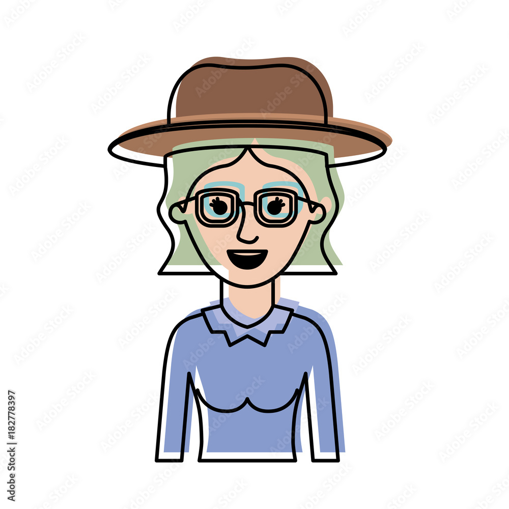 woman half body with hat and glasses with blouse long sleeve and short wavy hair in watercolor silhouette vector illustration woman half body with hat and glasses with blouse long sleeve and short wavy hair in watercolor silhouette vector illustration