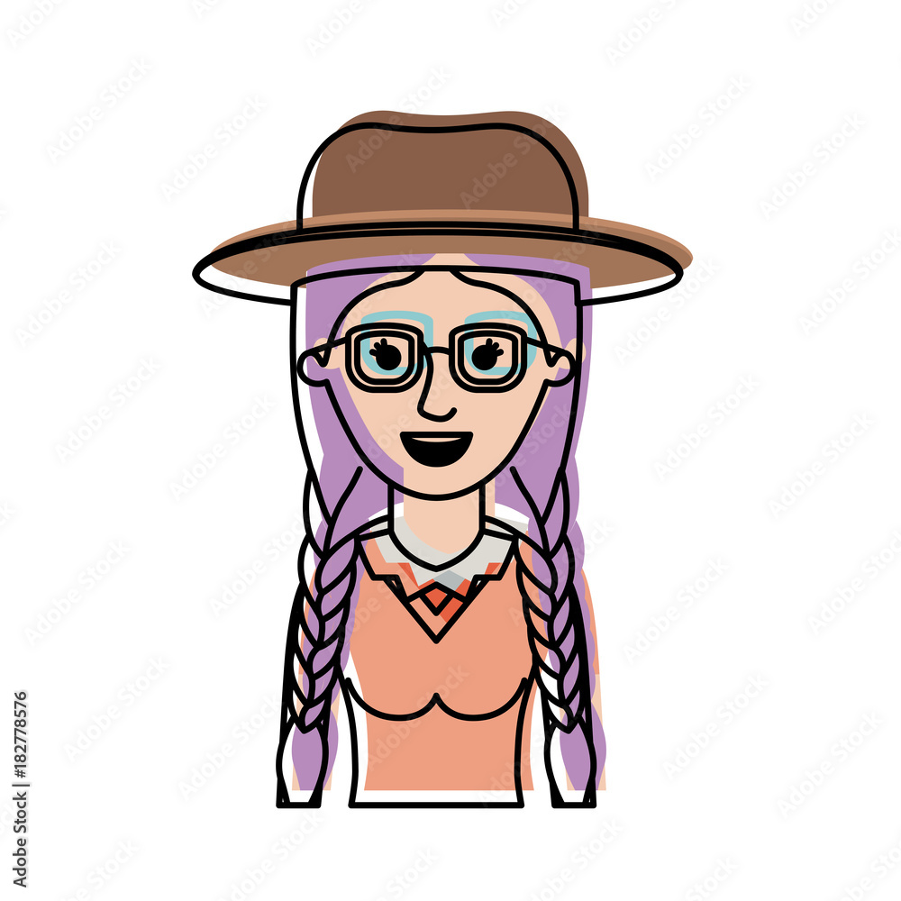 woman half body with hat and glasses and blouse with braided hair in watercolor silhouette vector illustration