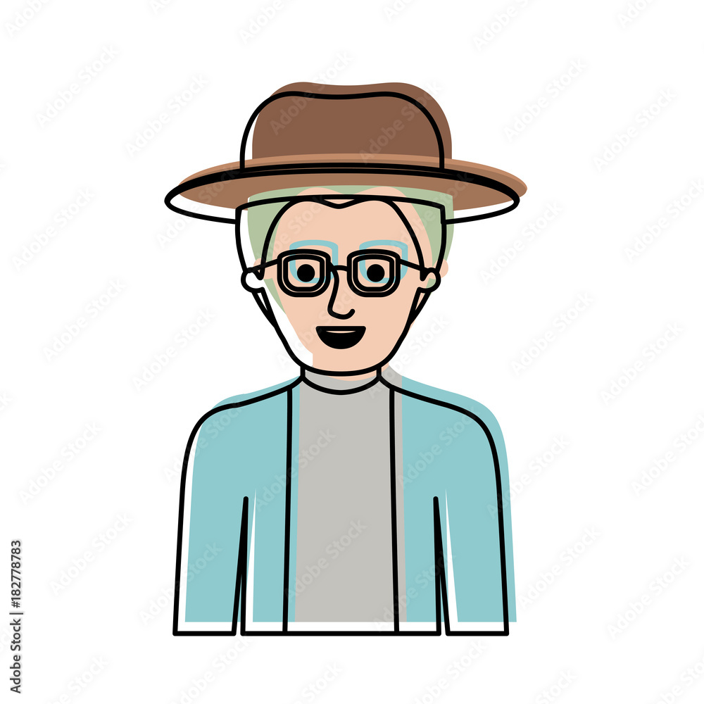man half body with hat and glasses and jacket with short hair in watercolor silhouette vector illustration