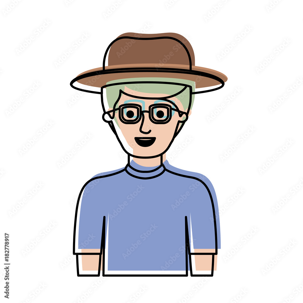 man half body with hat and glasses and t-shirt with short hair in watercolor silhouette vector illustration