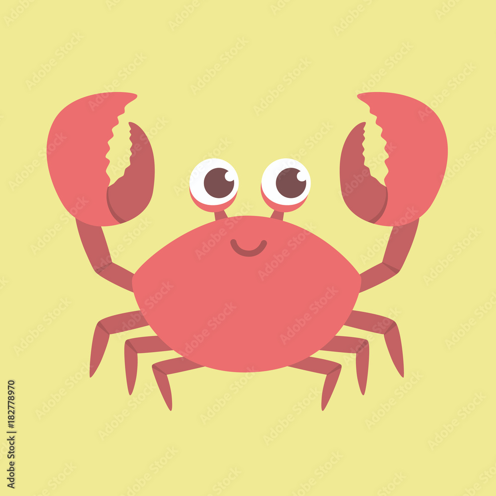 Fototapeta premium Cute smiling Red Crab vector illustration cartoon character design lifting up claws, isolated on yellow background.
