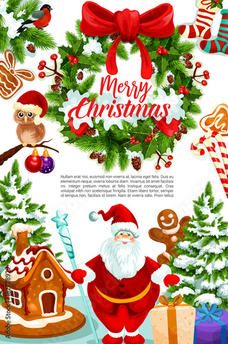 Christmas greeting card of gift  wreath and Santa