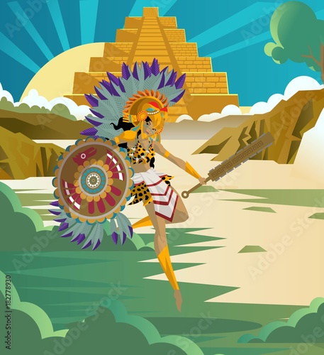 aztec female warrior with shield and club on nature