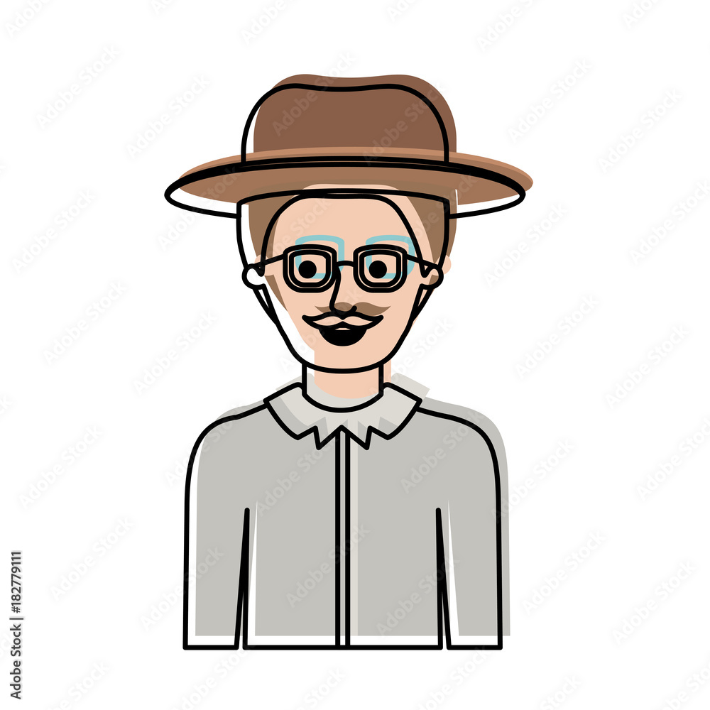 man half body with hat and glasses and shirt with short hair and moustache in watercolor silhouette vector illustration man half body with hat and glasses and shirt with short hair and moustache in watercolor silhouette vector illustration