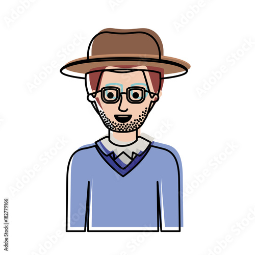 man half body with hat and glasses and sweater with stubble beard in watercolor silhouette vector illustration