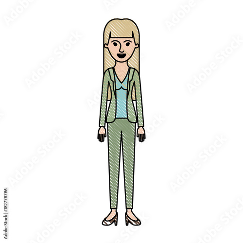 woman full body with blouse and jacket and pants and heel shoes with straight long hair in colored crayon silhouette vector illustration