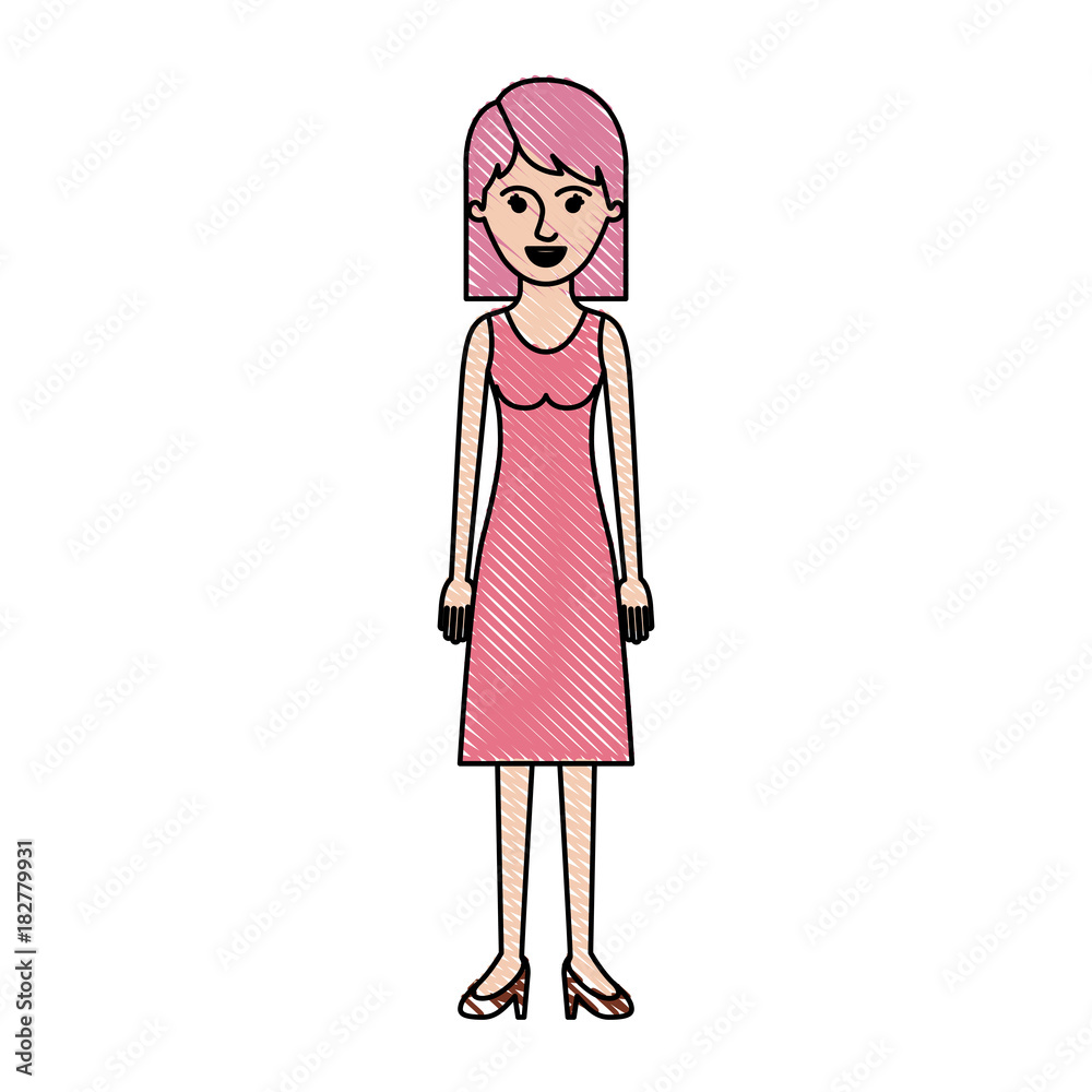woman full body with dress and heel shoes with mid length hair in colored crayon silhouette vector illustration woman full body with dress and heel shoes with mid length hair in colored crayon silhouette vector illustration