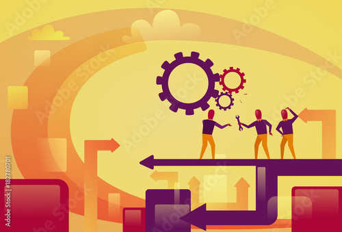 Abstract Business People Group Over Cog Wheels Background Brainstorming Process Concept Vector Illustration